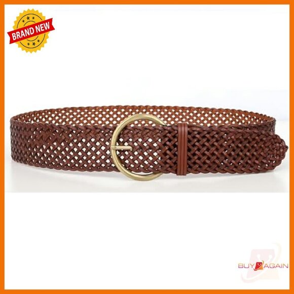2 Inch Wide Braided Leather Belt with Gold Buckle for Women
